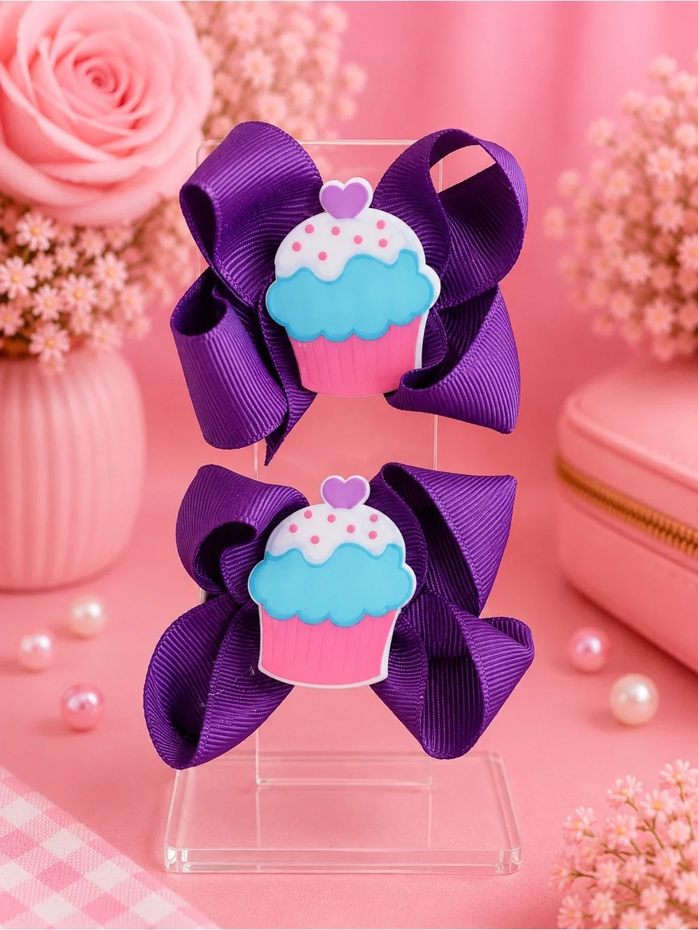 Kids Purple Ribbon Hair Bows with Pink & Blue Cupcake Accent